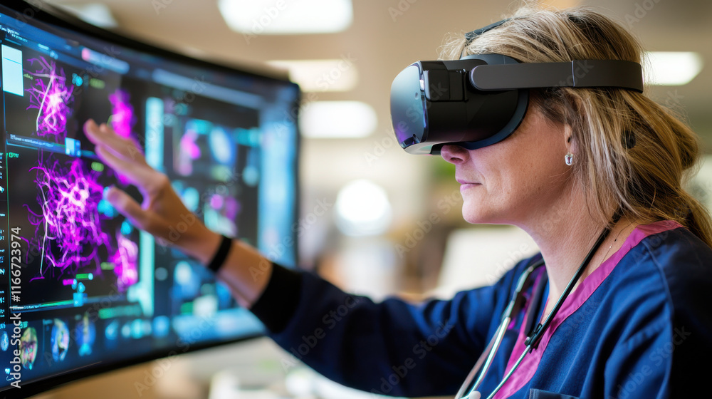 Poster healthcare professional using virtual reality technology for education, interacting with digital dis