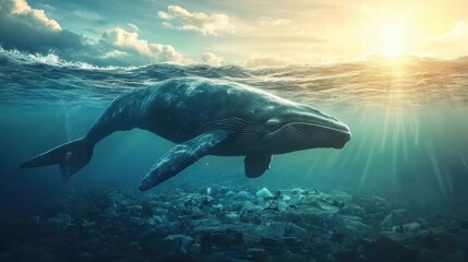 Naklejka premium Blue Whale Surfacing Through Plastic-Filled Waves Ocean Photography Underwater Wildlife Plastic Pollution