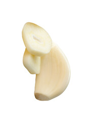 Top view of peeled garlic cloves with slices in stack isolated with clipping path in png file format