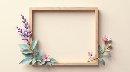 Wooden Frame Adorned with Delicate Spring Blossoms and Lush Greenery, Perfect for Elegant Announcements or Inspirational Messages