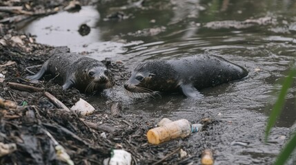 Fur Seals Navigating Through Trash Reef Ocean Wildlife Pollution Overview Plastic Pollution Impact