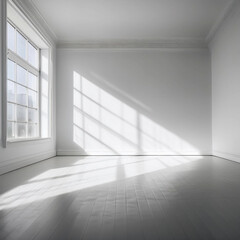 sunlit studio, white interior, minimalist space, natural Bright and Versatile: Sunlit White Studio Room