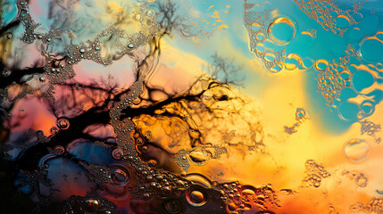 Fototapeta premium Bańki mydlane w żywych barwach, ukazujące odbicia jasnego nieba i zielonych koron drzew.
