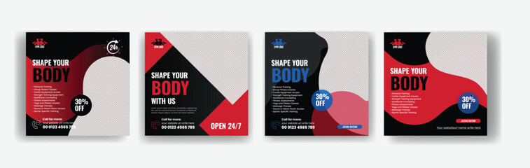 Gym and fitness social media posts banner, ads set or square flyer template, promotional ads design bundle