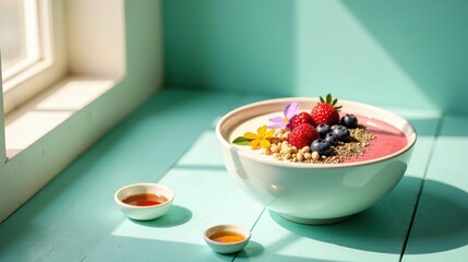 A vibrant and healthy breakfast bowl featuring creamy yogurt, sweet berries, crunchy seeds, and delicate edible flowers, bathed in sunlight on a tranquil aqua-colored surface.