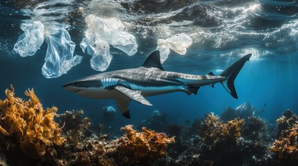 Fototapeta premium Hammerhead Shark Navigates Plastic-Filled Waters Ocean Photography Underwater Environmental Awareness