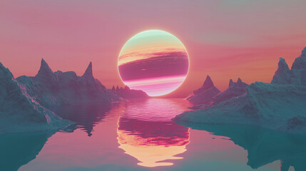 Fototapeta premium Pierścieniowa planeta wznosi się nad tajemniczym oceanem, którego odbicie ukazuje surrealistyczne barwy w kosmicznym krajobrazie. 