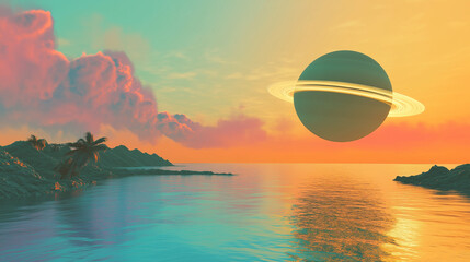 Naklejka premium Pierścieniowa planeta wznosi się nad tajemniczym oceanem, którego odbicie ukazuje surrealistyczne barwy w kosmicznym krajobrazie. 