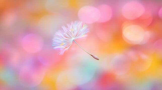 Fototapeta Pojedyncze nasiono dmuchawca w szczegółowym zbliżeniu, dryfujące lekko na rozmytym, łagodnym pastelowym tle.