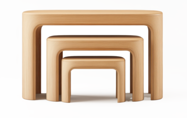 Three wooden tables are arranged in a row, with the middle one being the tallest on transparent background