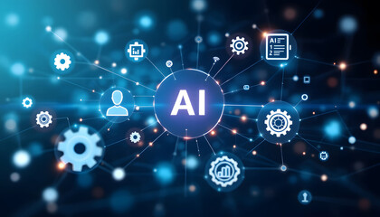 Obraz premium Artificial Intelligence (AI), Digital Network and Technology Concept, AI Technology, Interconnected Network of Data and User Icons, Future of AI, Abstract Digital Illustration of Artificial Intelligen