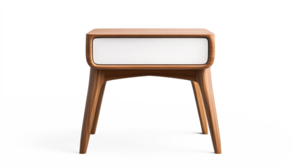 A wooden nightstand with a white drawer sits on a white background on transparent background