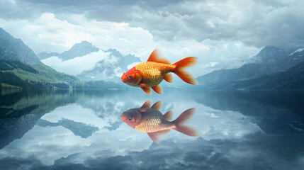 Fototapeta premium Gigantyczna złota ryba płynie przez zachmurzone niebo, tworząc surrealistyczny widok nad spokojnym górskim jeziorem.