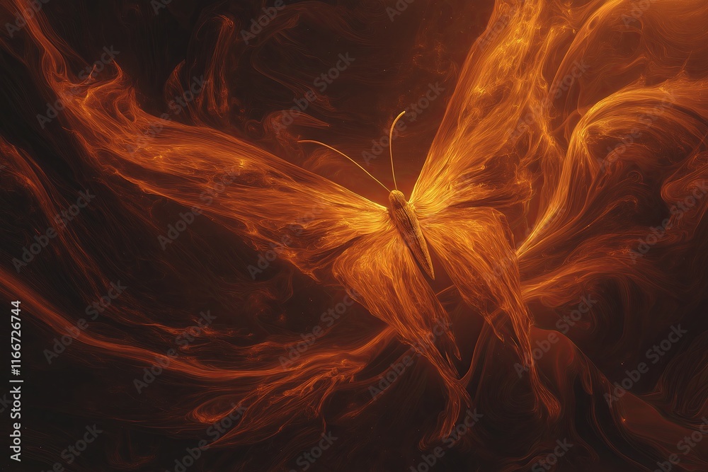 Poster a butterfly with surreal, glowing wings blending into a swirling abstract background