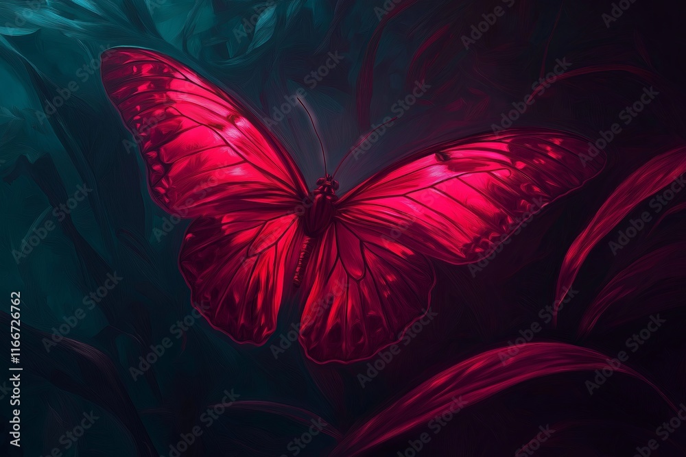 Poster a butterfly with surreal, glowing wings blending into a swirling abstract background