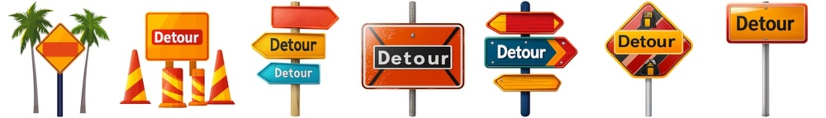 Fototapeta premium A collection of colorful traffic signs displaying various directions and warnings, including detour and stop signals.