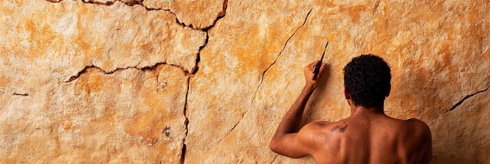 caveman drawing cave painting on cave wall