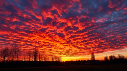Fototapeta premium Fiery Sunset over Silhouetted Trees