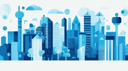 Obraz premium A stylized blue city skyline with geometric buildings and soft clouds.