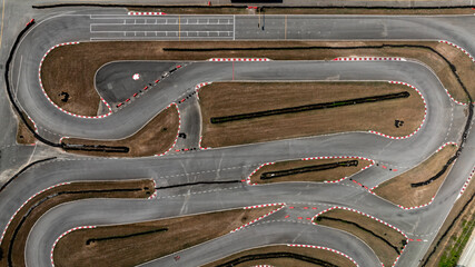 Aerial view race go-kart track, Track for auto racing top view, Car race asphalt and curve street...