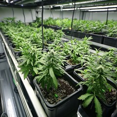 Indoor Cannabis Cultivation: A View of Rows of Thriving Marijuana Plants Under Artificial Grow Lights in a Modern Hydroponic Setup