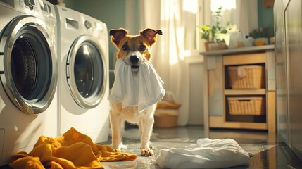 Obraz na płótnie Canvas Dog with Laundry in Home Laundry Room during Daylight Hours