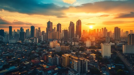 Fototapeta premium Golden Hour Skyline: A Breathtaking Sunset Over the City