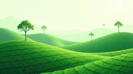 Obraz premium Serene Landscape of Rolling Green Hills and Solitary Trees Under a Soft Morning Light