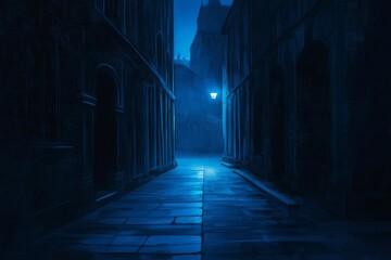 A deserted alleyway, painted in dark shadows and streaks of eerie, glowing blues
