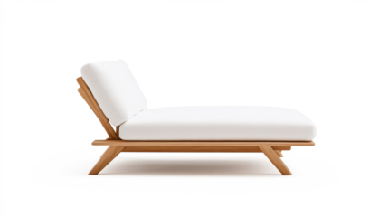 A white lounge chair with wooden legs on transparent background