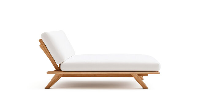 A white lounge chair with wooden legs on transparent background