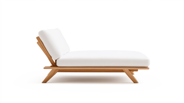 A white lounge chair with wooden legs on transparent background