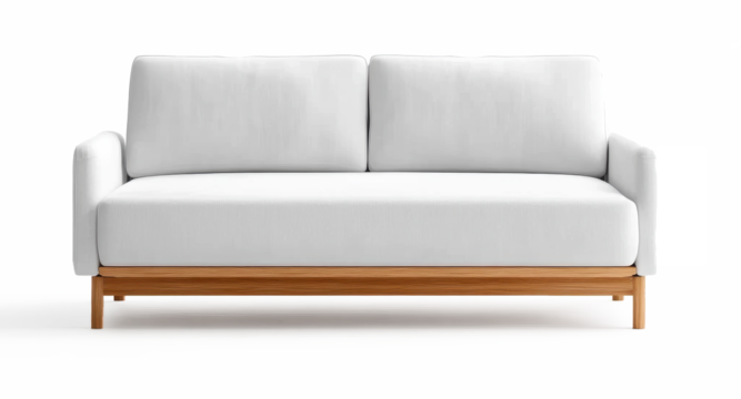 A white couch with wooden legs and a wooden frame on transparent background