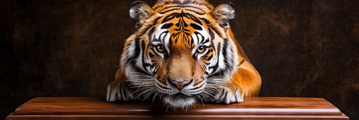 Obraz premium photo of tiger head mounted on wood plaque, solid background 