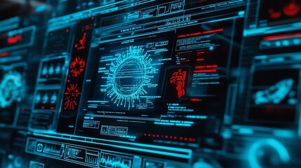 Obraz premium Futuristic Digital Interface: Virus Research and Data Analysis