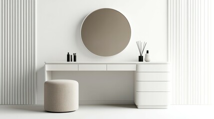 A white vanity with a mirror and a small stool
