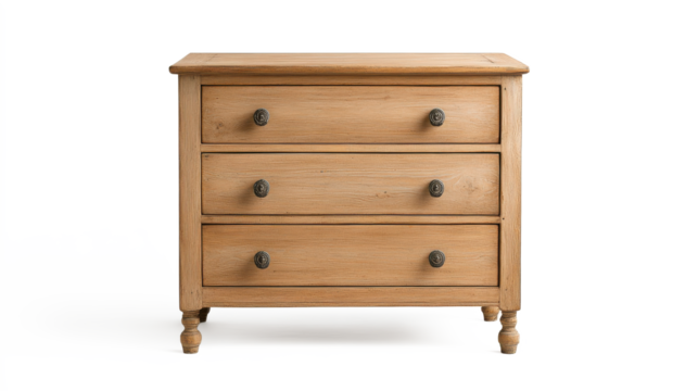 A wooden dresser with three drawers on transparent background
