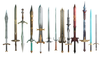 Medieval fantasy style swords collection isolated on a transparent background. Different styled Intricately Designed swords. Video game assets.