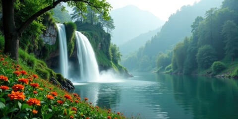 Serene Waterfall Cascading into a Tranquil Lake, Surrounded by Lush Greenery and Vibrant Orange Blossoms