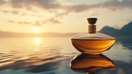 Elegant Perfume Bottle on Reflective Surface at Sunset