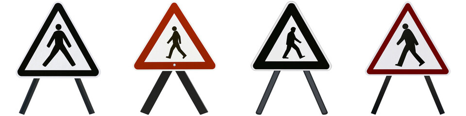 A series of pedestrian warning signs featuring different designs, alerting road users to the presence of pedestrians.