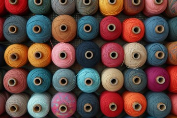 Bunch of colorful yarns are displayed in row. Colors are bright and vibrant, creating cheerful and lively atmosphere