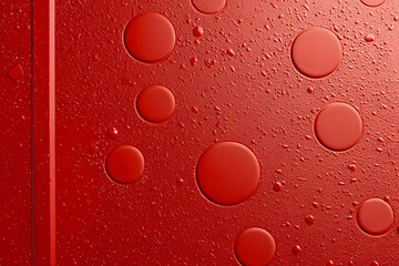 low angle shot of textured red wall featuring circular patterns and water droplets, creating vibrant and dynamic visual effect