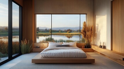 Obraz premium Serene Lakeside Bedroom: Minimalist Design with Breathtaking View