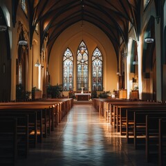 Fototapeta premium Serene Interior of a Gothic Church with Stained Glass Windows