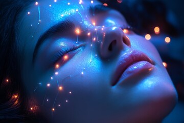 Obraz premium Young woman's face is lit up with bright lights, creating dreamy and ethereal atmosphere