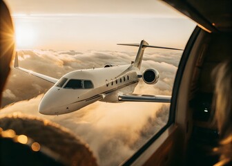 Fototapeta premium Majestic Private Jet Soaring Above Golden Sunset Clouds in Radiant Elegance.