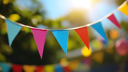 Vibrant triangular flags waving in the breeze with a blurred background, ideal for outdoor party themes, celebrations, and festive gatherings