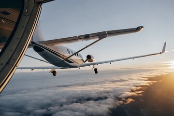 Majestic Private Jet Soaring Above Golden Sunset Clouds in Radiant Elegance.