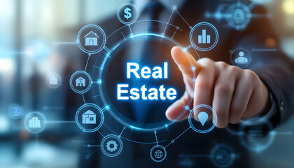 Modern Real Estate Concept, Hand Touching Digital Interface, Real Estate Technology, Digital Network and Property Icons, Real Estate Investment, Digital Interface with Property and Location Icons
